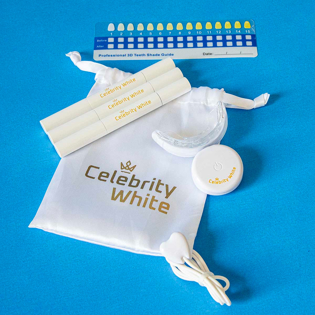 Celebrity White Teeth Whitening Kit by Celebrity Smiles Club. Whitens Fast and without tooth sensitivity. Professional Grade whitening products.