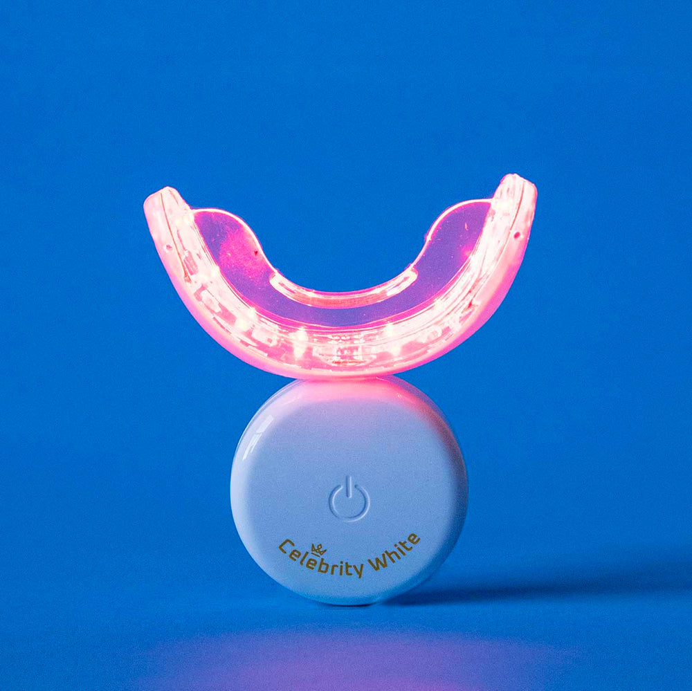 Red LED Lights in a teeth whitening mouthpiece to halt soothe and comfort Mouthsores. Celebrity White LED Red Light Mouthpiece by Celebrity Smiles Club.